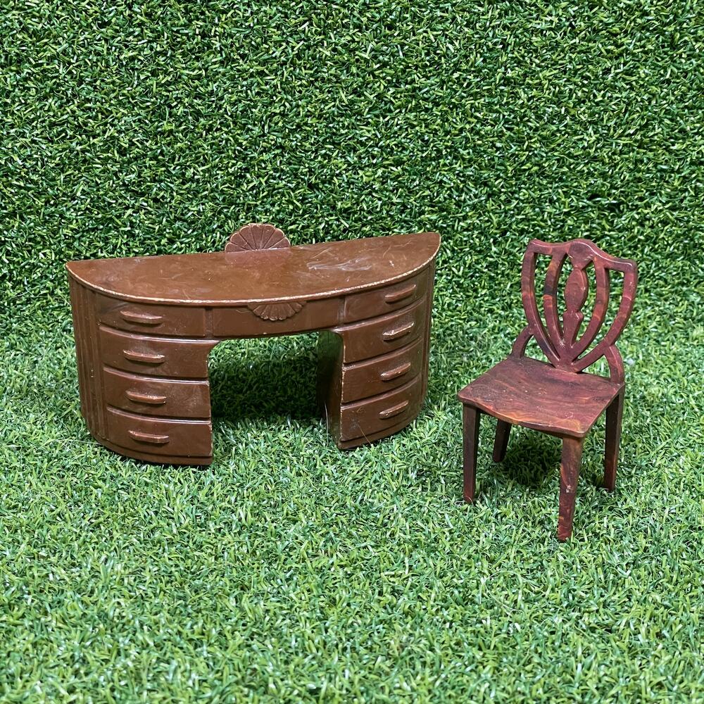 Vintage Brown Miniature Plastic Dollhouse Desk and Matching Chair Dollhouse
